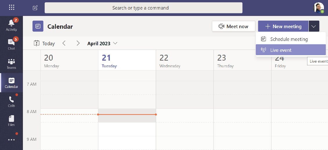 Scheduling a live even from Teams screenshot