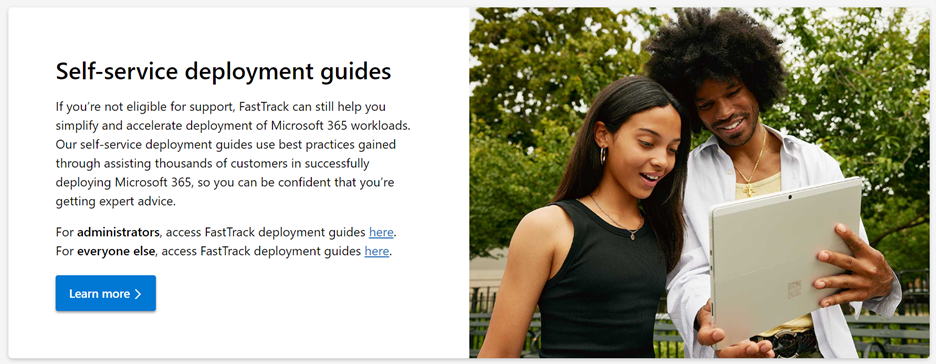 FastTrack self-service deployment guides on adoption.microsoft.com screenshot
