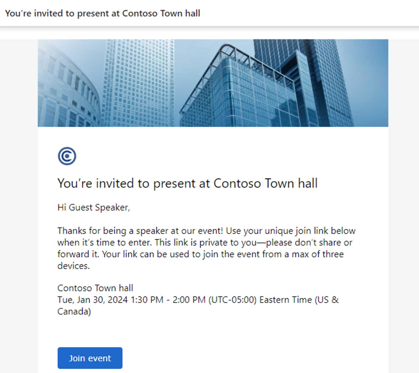 External presenters joining a Town hall screenshot