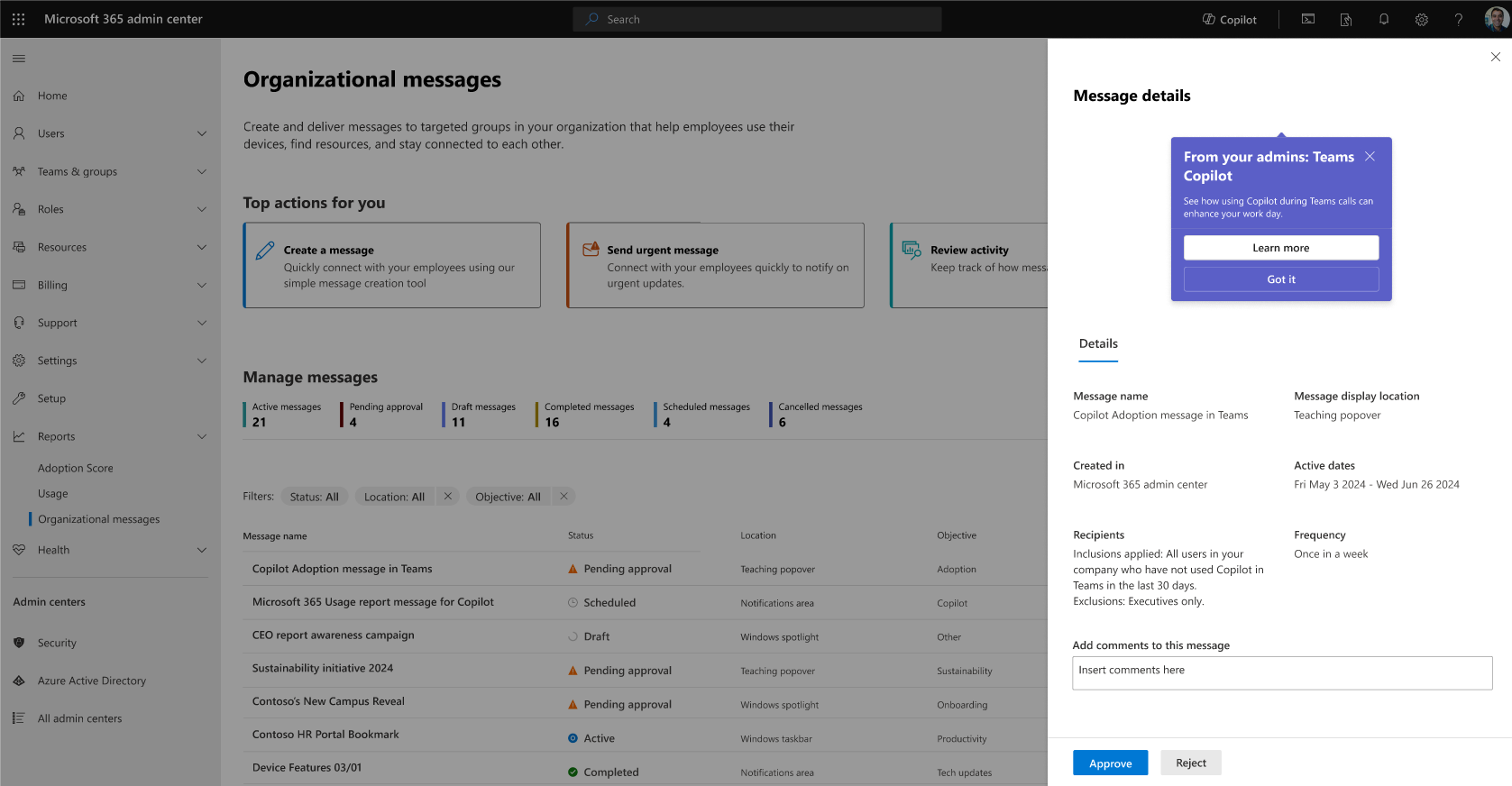 Organizational messages - Manage